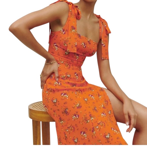 REFORMATION Twilight Midi Dress NWT in August Orange Floral Print Feminine 2 - Picture 3 of 8